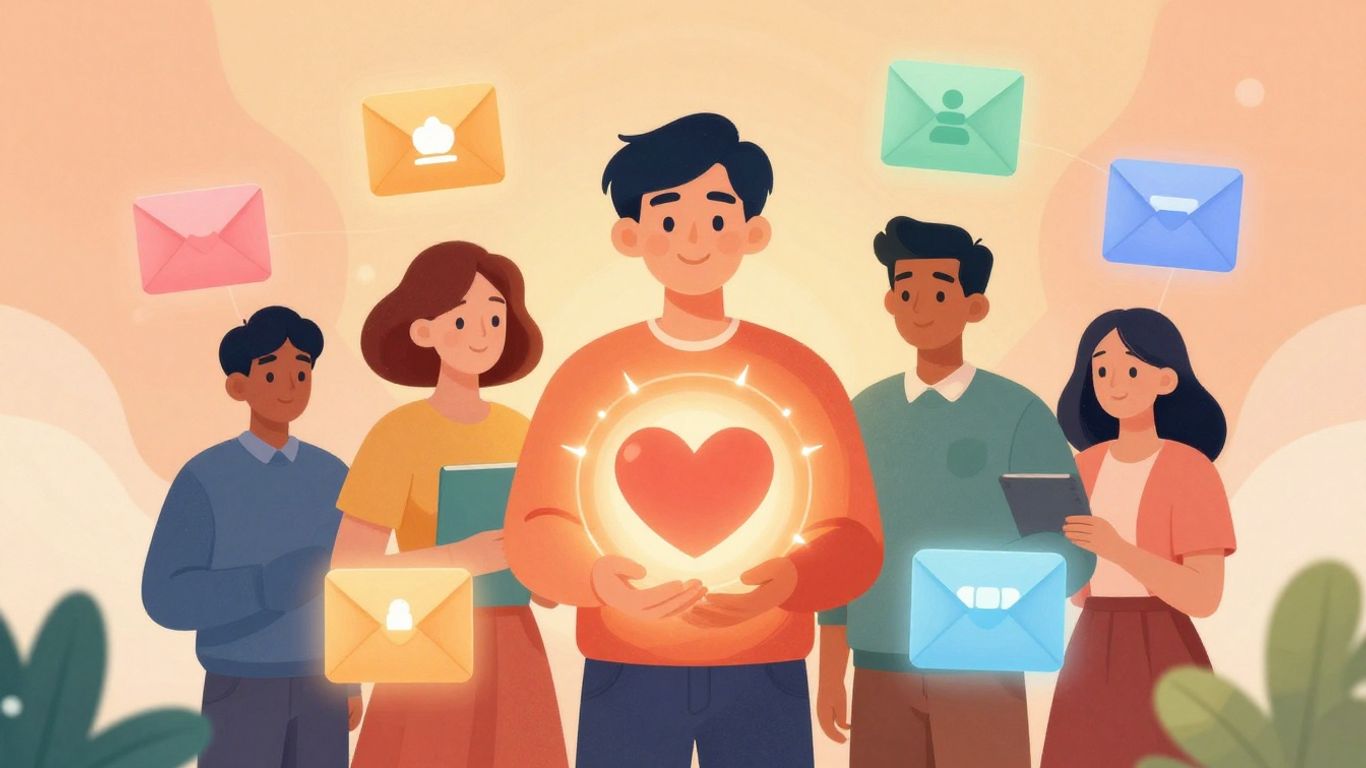 Ilustracja ludzi łączących się przez cyfrowe koperty i serca.