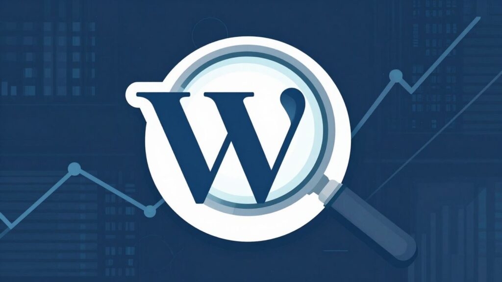 Ikona WordPress z lupą, analiza SEO