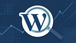 Ikona WordPress z lupą, analiza SEO