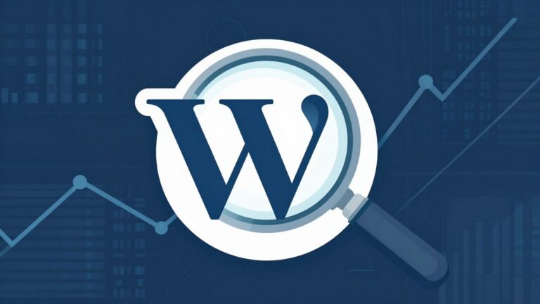 Ikona WordPress z lupą, analiza SEO