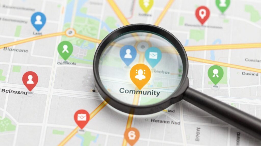 Mapa z zaznaczonymi lokalnymi biznesami i lupą