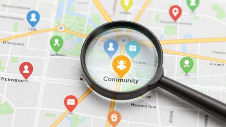 Mapa z zaznaczonymi lokalnymi biznesami i lupą