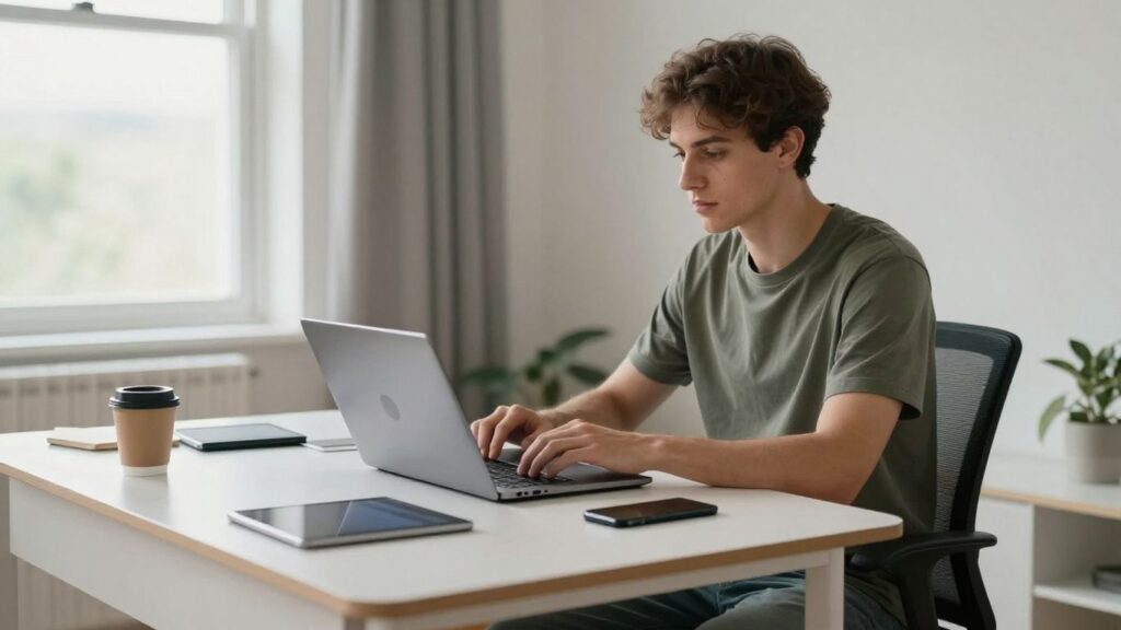 Osoba pracująca na laptopie przy biurku w domu.