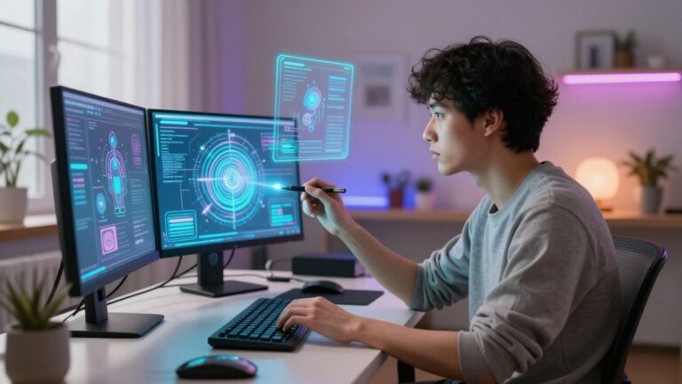 Robot i człowiek wspólnie tworzą treści przy biurku.