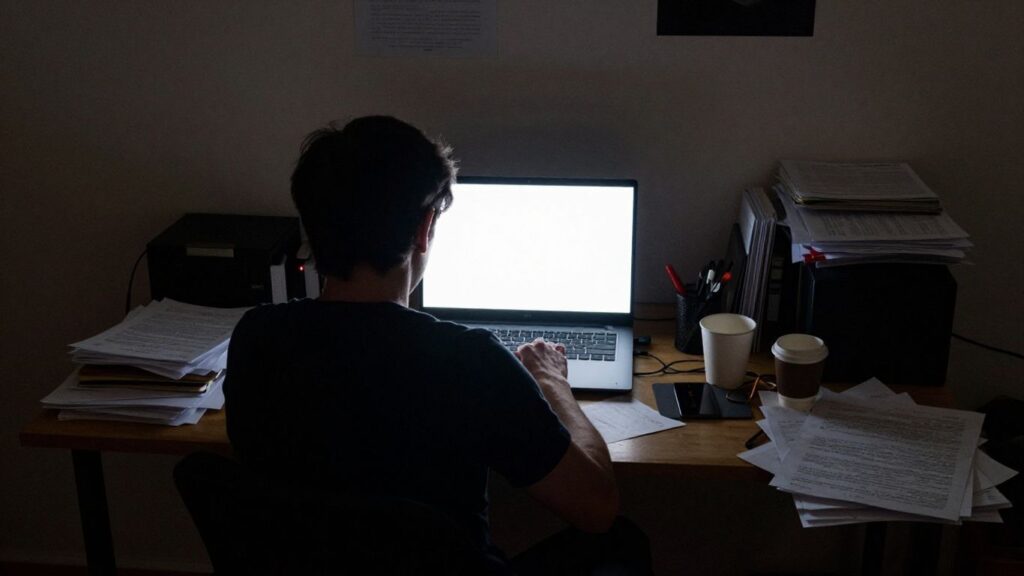 Samotny twórca treści przy biurku w ciemnym pokoju.