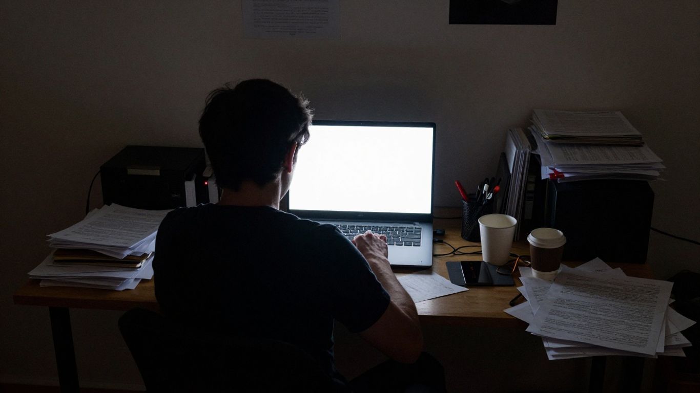 Samotny twórca treści przy biurku w ciemnym pokoju.