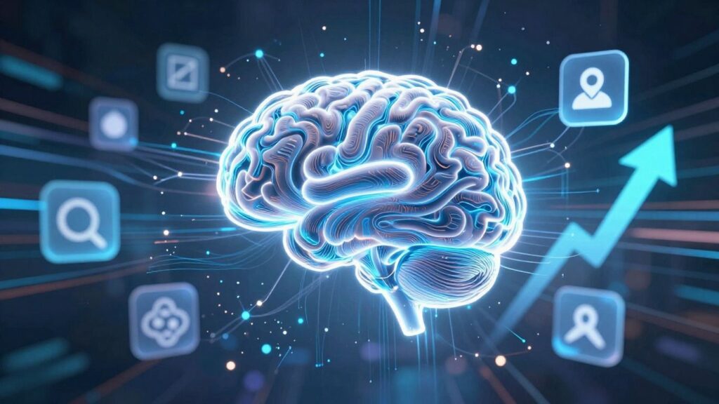 AI brain with data streams and upward arrows.