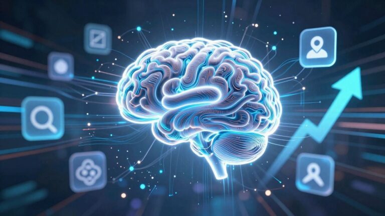 AI brain with data streams and upward arrows.