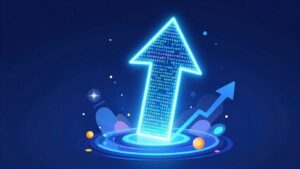 Ilustracja strzałki w górę z kodem, symbolizująca pozycjonowanie.