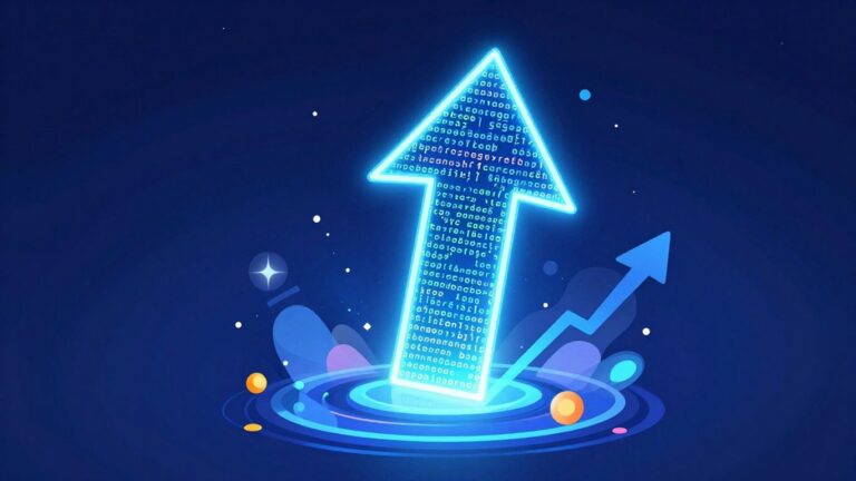 Ilustracja strzałki w górę z kodem, symbolizująca pozycjonowanie.