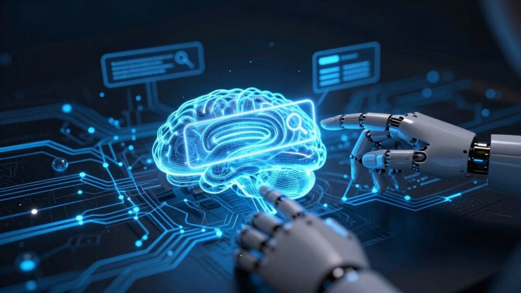 Sztuczna inteligencja i SEO futurystyczny motyw, komputer, dane