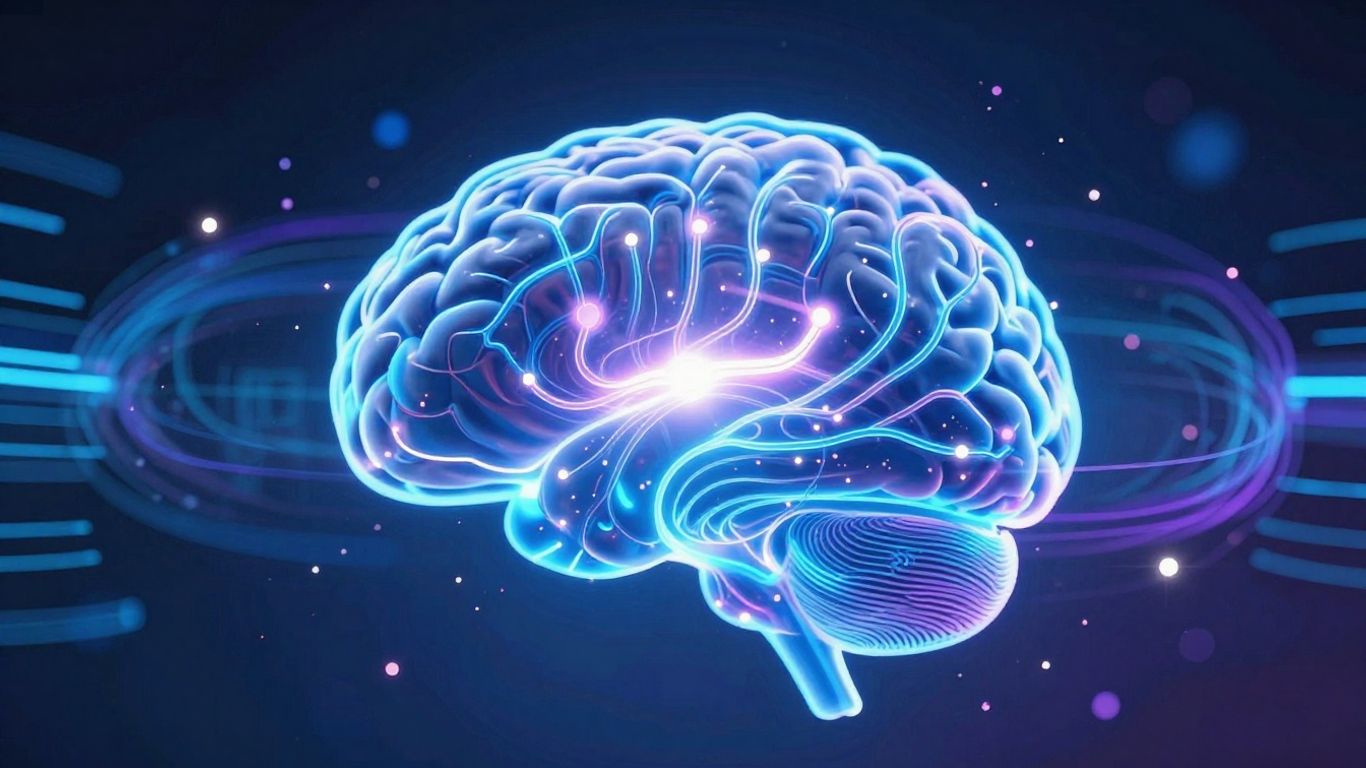 Mózg z cyfrowymi połączeniami, symbolizujący AI.