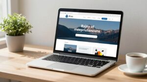 Prosta strona internetowa na laptopie w słonecznym biurze.