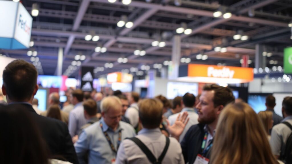 Ludzie na targach handlowych, dynamiczna atmosfera.