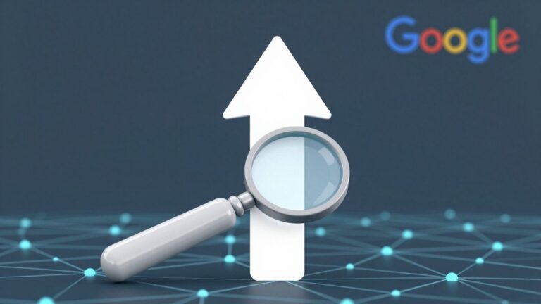 Strzałka w górę i lupa symbolizujące pozycjonowanie w Google.