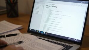 Ekran laptopa z bibliografią i dokumentami na biurku.