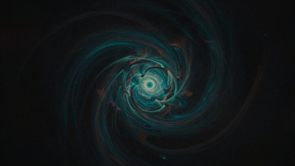 Tajemnicza, abstrakcyjna scena z wirującymi kolorami.