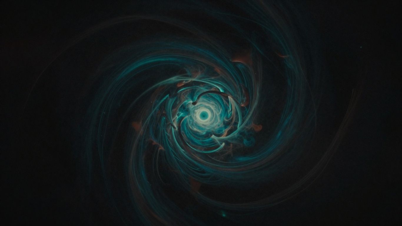 Tajemnicza, abstrakcyjna scena z wirującymi kolorami.