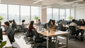 Ludzie pracujący w nowoczesnym biurze, promujący firmę w internecie.