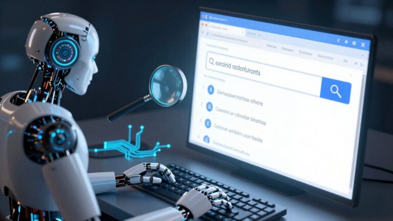 Robot piszący na klawiaturze i lupa na wynikach wyszukiwania.