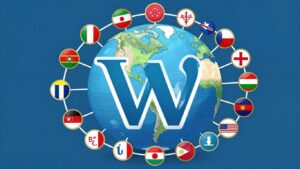 Logo WordPress z flagami narodowymi i ikonami języków