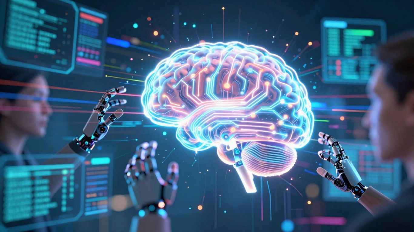 Mózg człowieka przytłoczony przez strumienie danych i robotyczne dłonie.